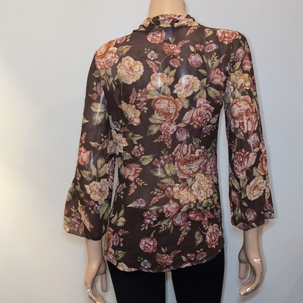 CAbi Pure Silk Top Floral Pintucked Velvet Buttoned Shirt Brown Womens Medium - Picture 8 of 14